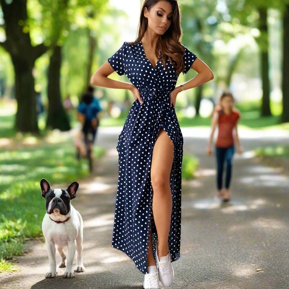 Navy Polka Dot Maxi Dress | Wrap Style, High Slit, Short Sleeve - Picture 1 of 6